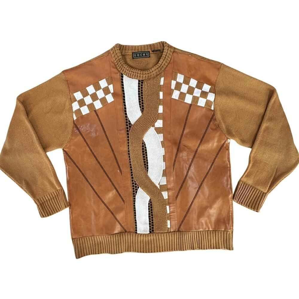 GOCHU Mens Vintage 90's Acrylic Sweater Brown Leather Patch Cosby Coogi SZ Large